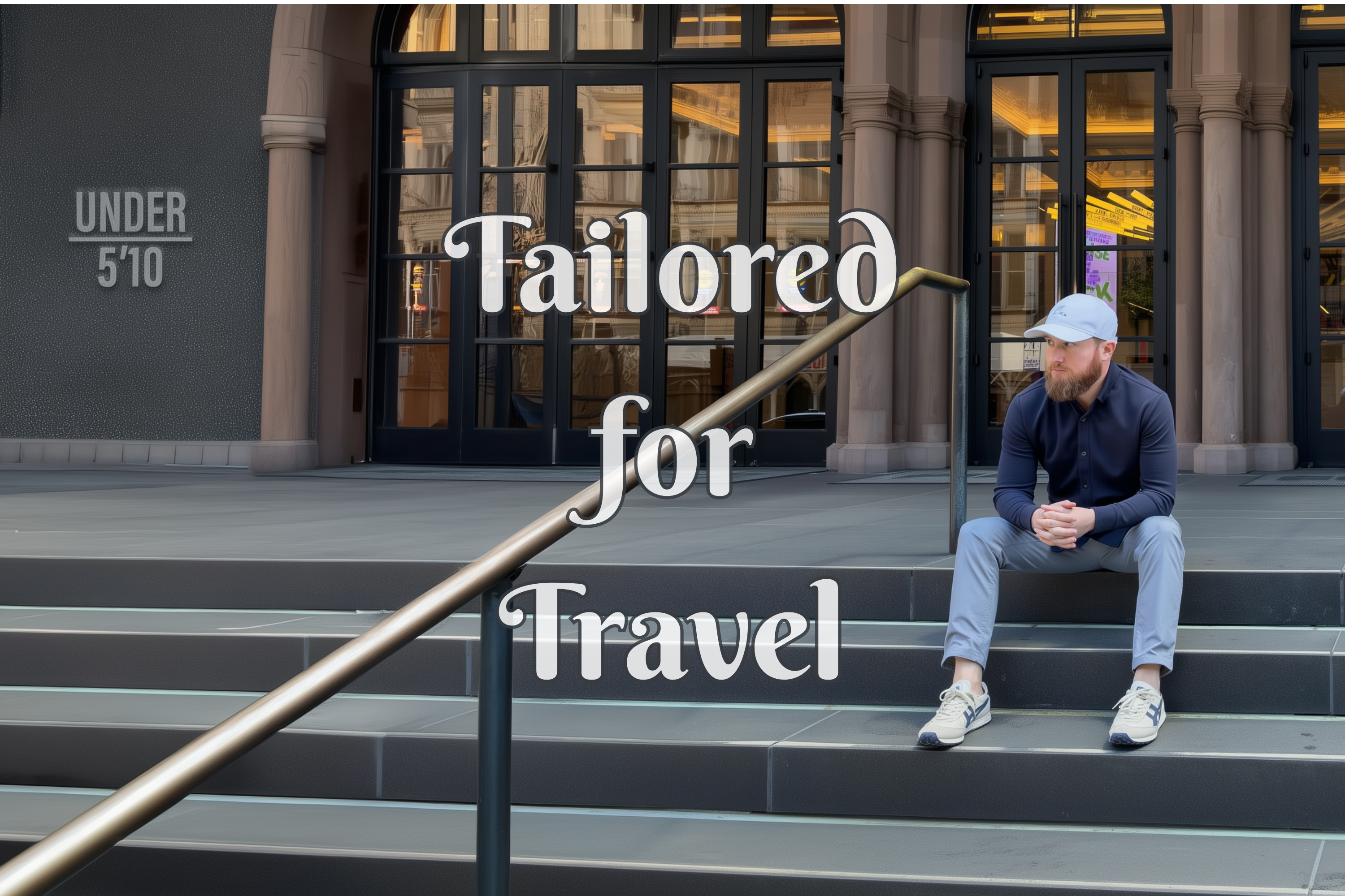 Man sitting on stairs with text overlay "Tailored for Travel"