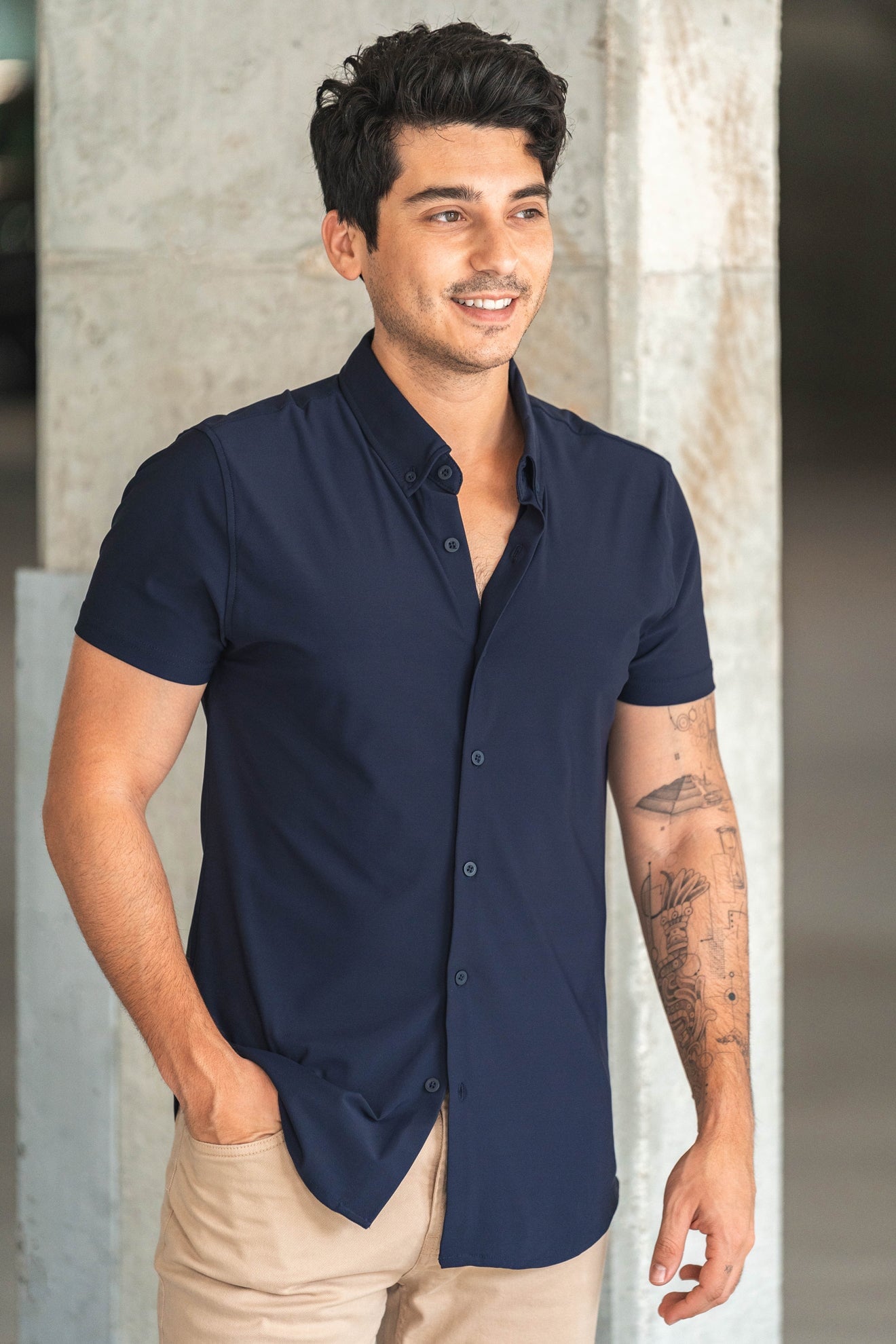 Performance Pique Short Sleeve Button Down Shirt Navy