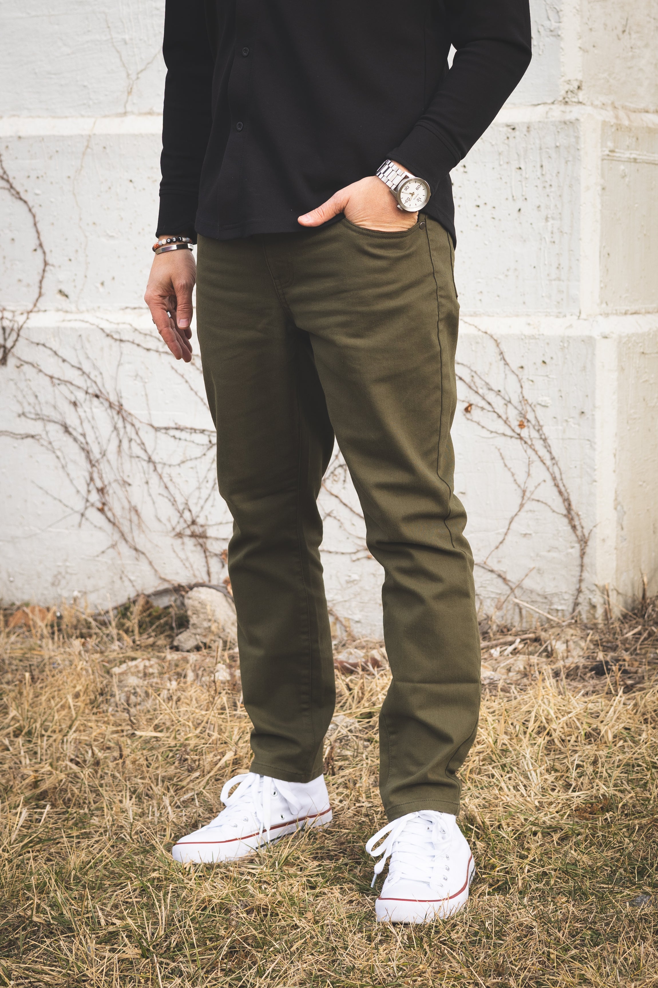 Garment Dyed Stretch Jeans Olive