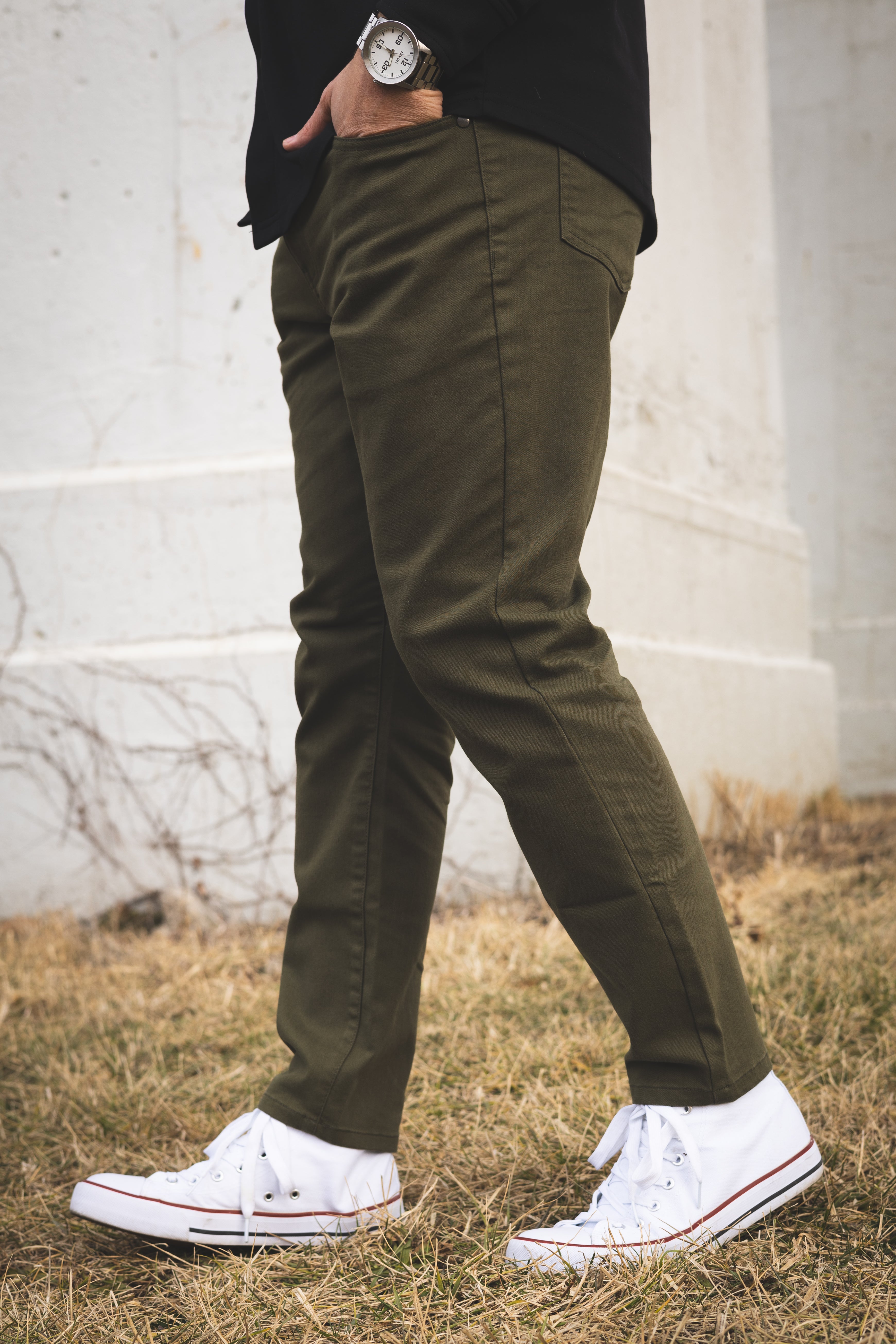 Garment Dyed Stretch Jeans Olive